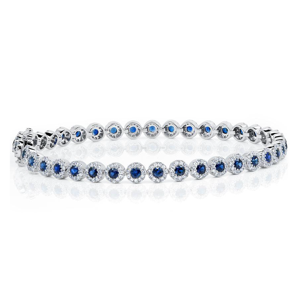 Shy Creation Eden 14k White Gold Sapphire W/Diamond Halo Tennis Bracelet 1.22cttw
