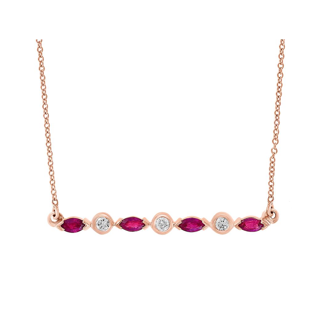 14k Rose Gold 4 Ruby & 3 Round Diamond Necklace