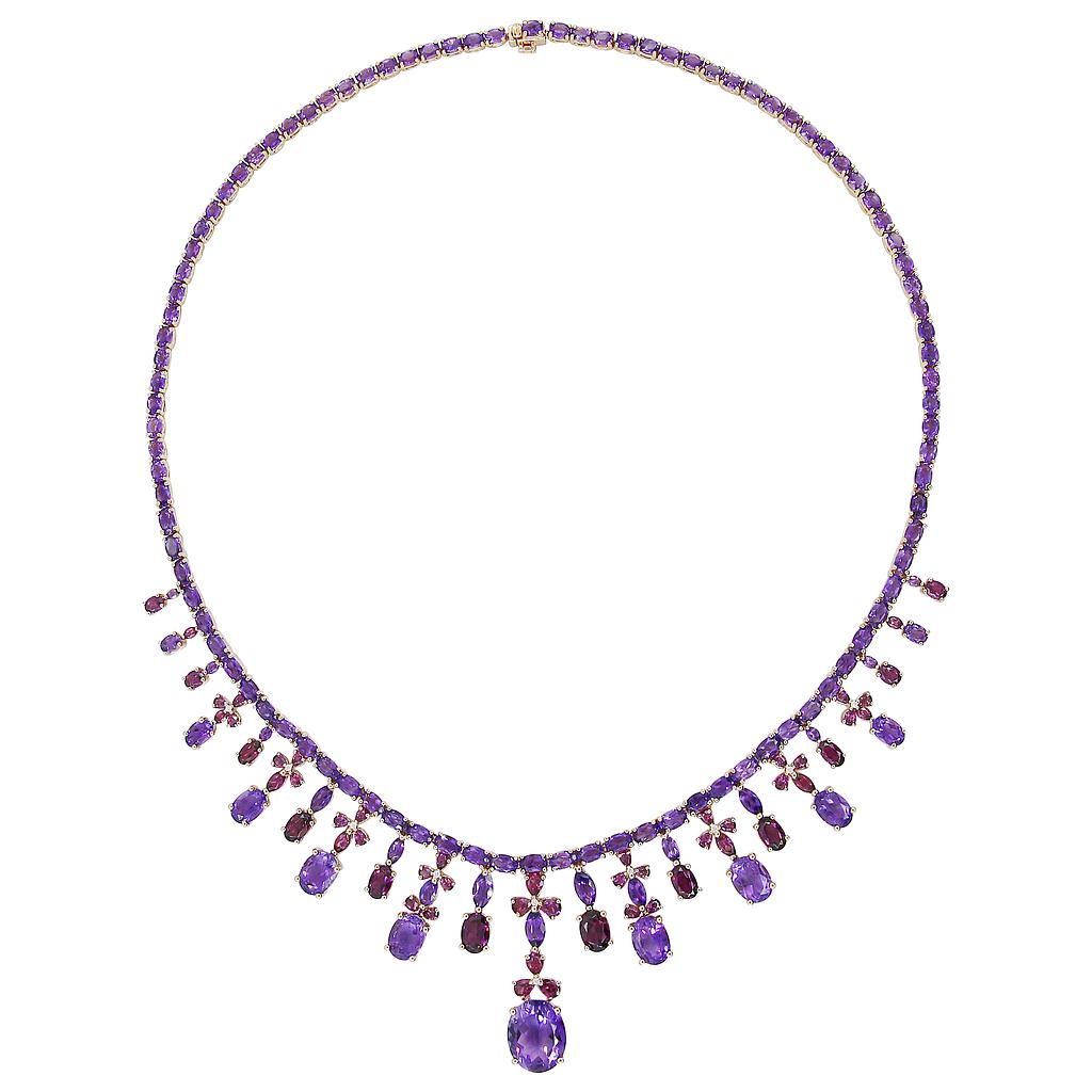 14k Rose Gold Diamond, Rhodolite & Amethyst Necklace