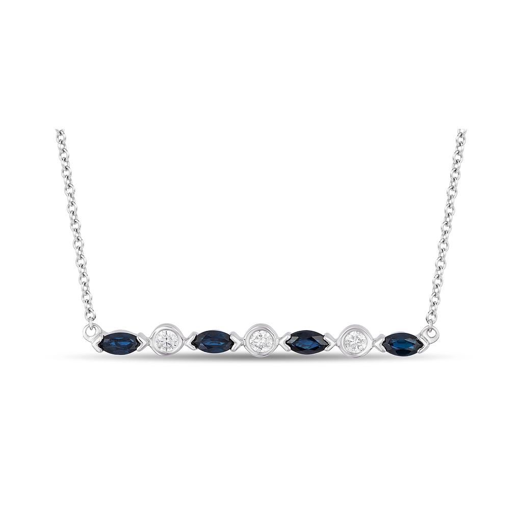 14k White Gold 4 Marquise Sapphire & 3 Round Diamond Necklace