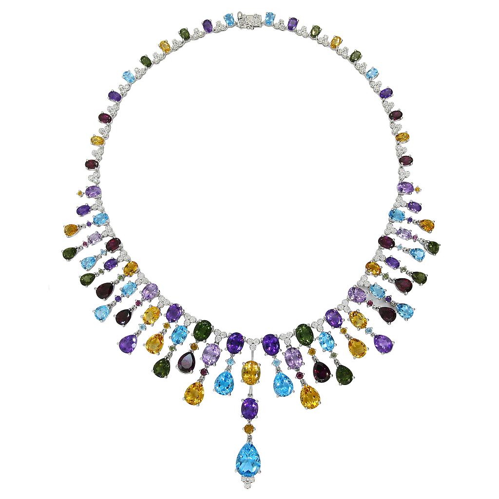 14k White Gold Diamond & Multicolor Cleopatra Necklace