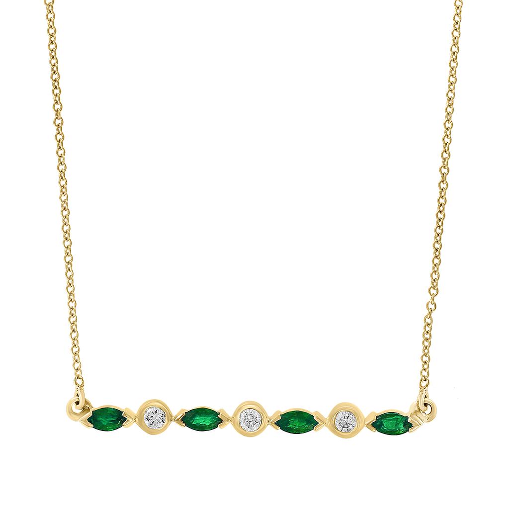 14k Yellow Gold 4 Marquise Emerald & 3 Round Diamond Necklace