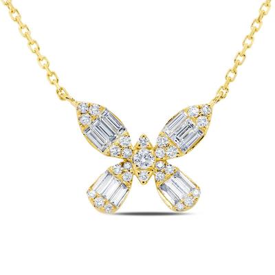 14k Yellow Gold Diamond Baguette Butterfly Necklace