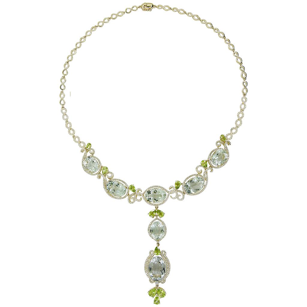 14k Yellow Gold Diamond Peridot, Green Amethyst Necklace