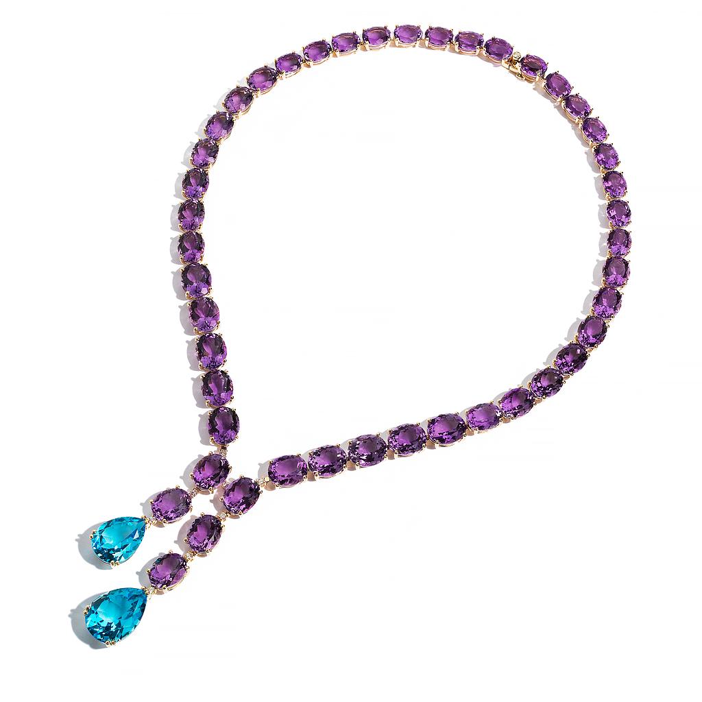 14k Yellow Gold Diamond, Amethyst & Swiss Blue Topaz Necklace