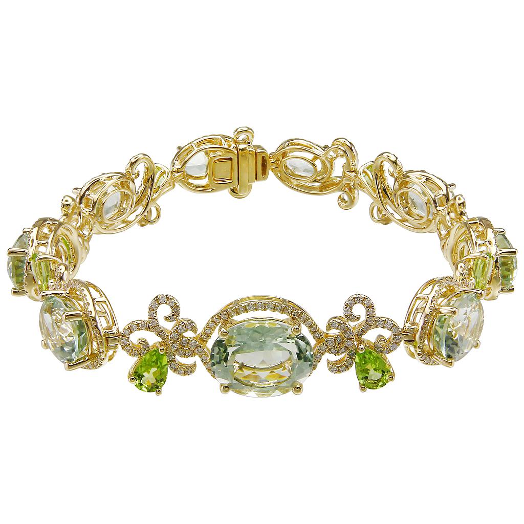 14k Yellow Gold Diamond, Peridot & Green Amethyst Bracelet