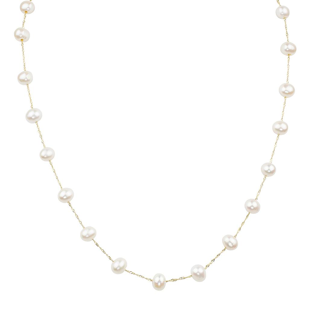 14k Yellow Gold White Fresh Water Pearl Necklace On 18" Chain Center 6-6.5m