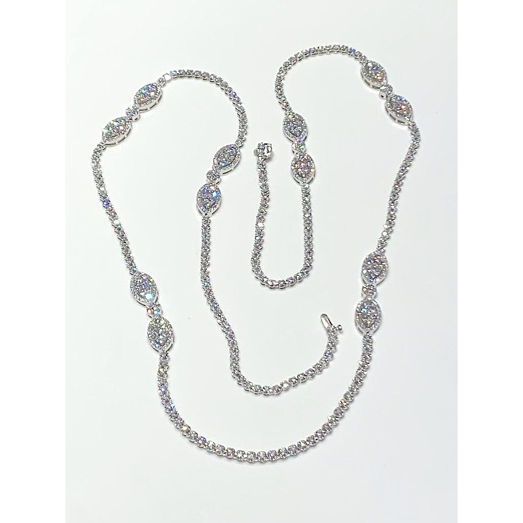 18k White Gold 36" Diamond Necklace With 6 Sections Of Double Marquise Shape Diamond Ornaments