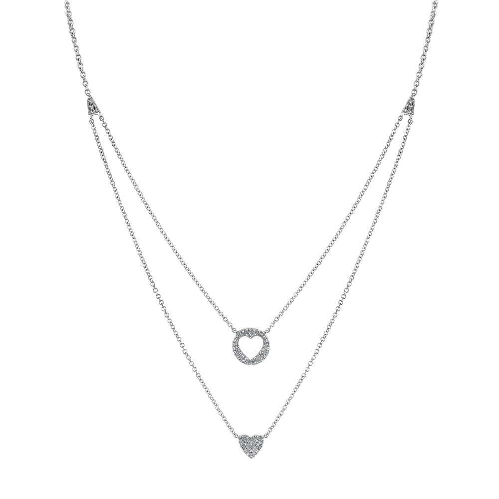 Shy Creation 14k White Gold Double Heart Layered Necklace 0.16cttw