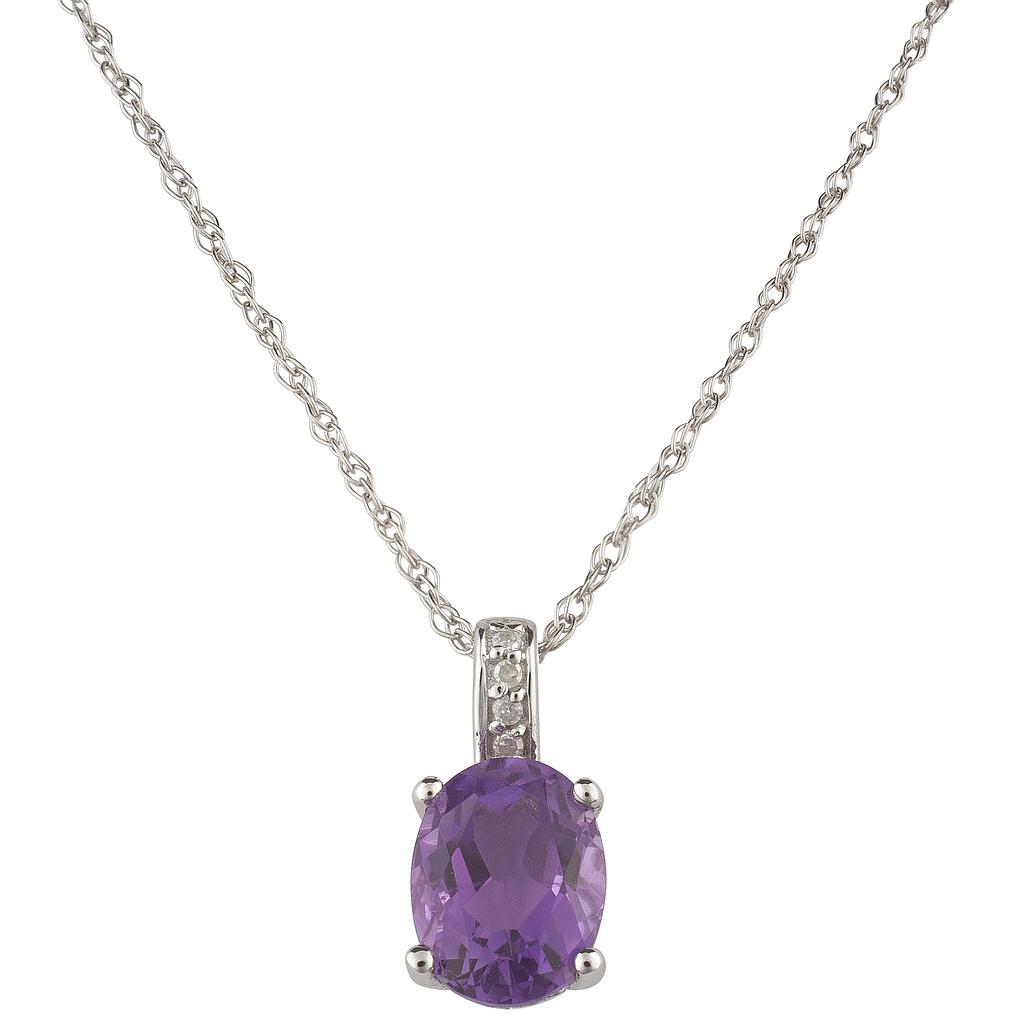 14k White Gold Diamond & Amethyst Oval 8 X 6m Pendant W/18" Chain- February