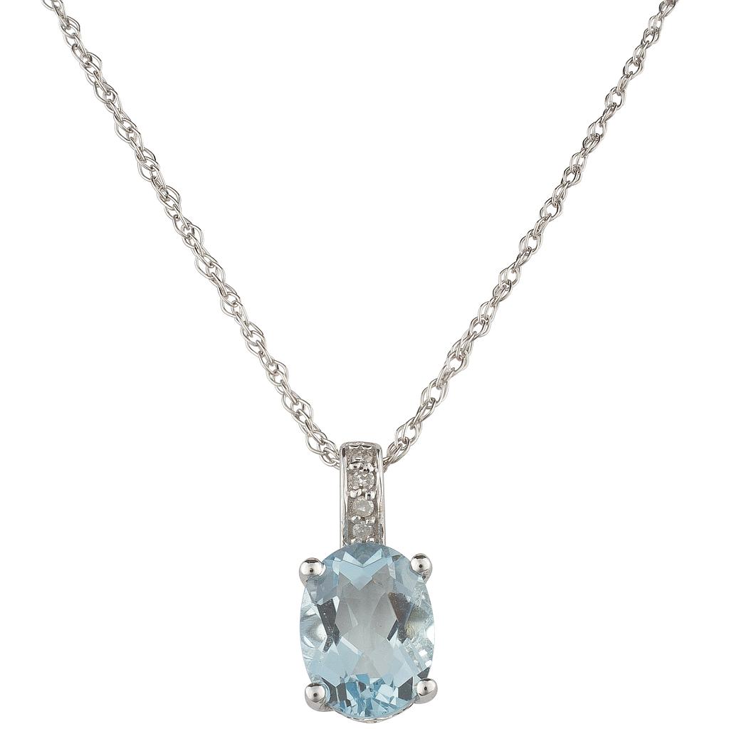 14k White Gold Diamond & Aquamarine Oval 8 X 6m Pendant W/18" Chain- March
