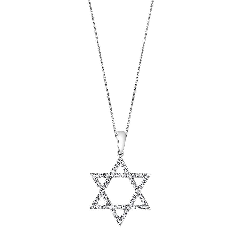 14k White Gold Diamond Star Of David Pendant W/ Chain