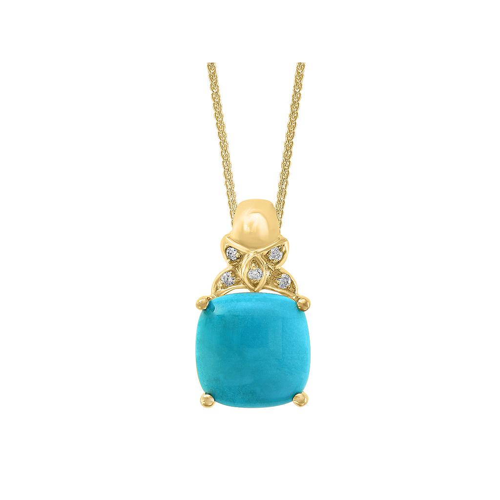 14k Yellow Gold Cushion Turquoise & Diamond Pendant & Chain