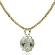 14k Yellow Gold Oval Green Amethyst & 12 Diamond Pendant & Chain