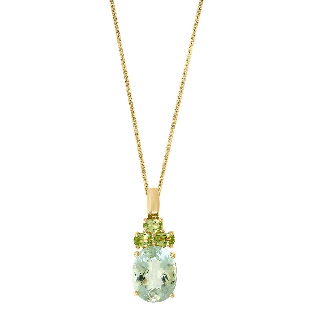 14k Yellow Gold Oval Green Amethyst & 3 Peridot Pendant & Chain