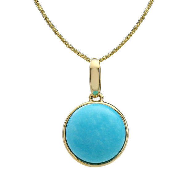 14k Yellow Gold Round Cabochon Turquoise Pendant & Chain