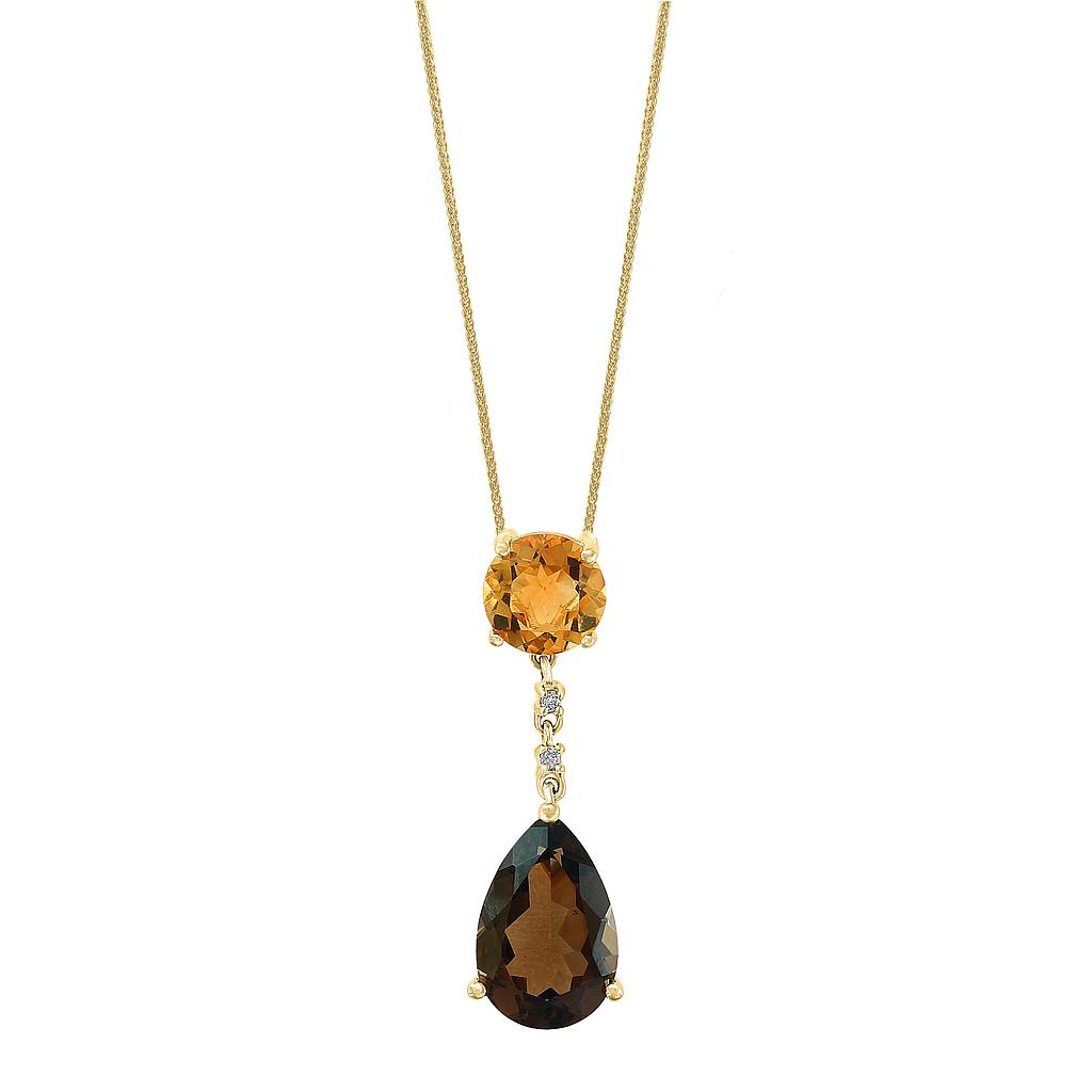 14k Yellow Gold Smokey Quartz, Citrine & Diamond Pendant & Chain