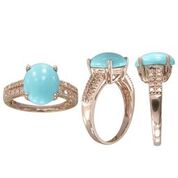 14k Rose Gold Oval Turquoise & 2 Row Diamond Ring