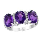 14k White Gold 3 Oval Amethyst & 20 Round Diamond Ring
