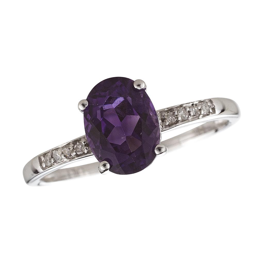 14k White Gold Diamond & Amethyst Oval 8x6m Ring- February