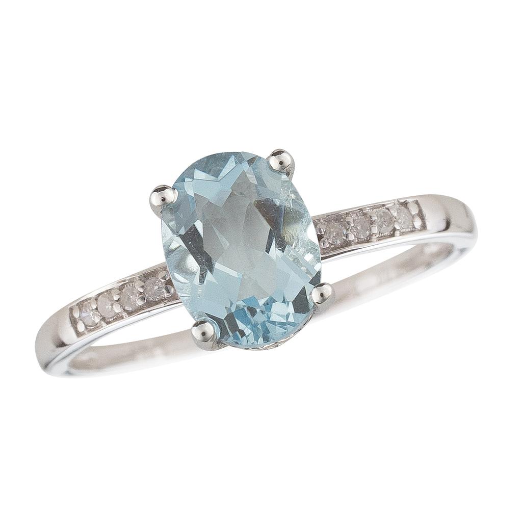 14k White Gold Diamond & Aquamarine Oval 8x6m Ring- March