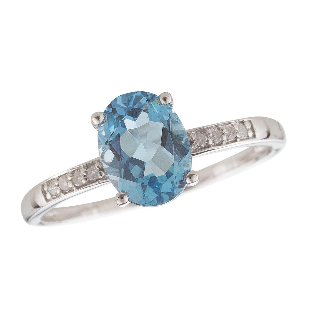 14k White Gold Diamond & Swiss Blue Oval 8x6m Topaz Ring- December