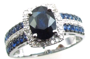 14k White Gold Sapphire & Diamond Ring With Triple Row Shank