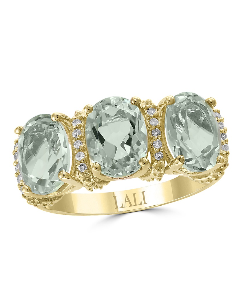 14k Yellow Gold 3 Oval Green Amethyst & 20 Round Diamond Ring