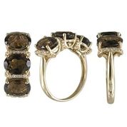 14k Yellow Gold 3 Oval Smokey Quartz & 20 Round Diamond Ring