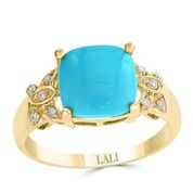 14k Yellow Gold Cushion Turquoise & Diamond Ring