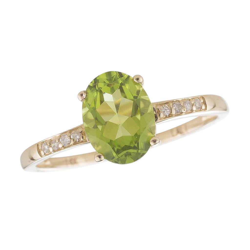 14k Yellow Gold Diamond & Peridot Oval 8x6m Ring- August