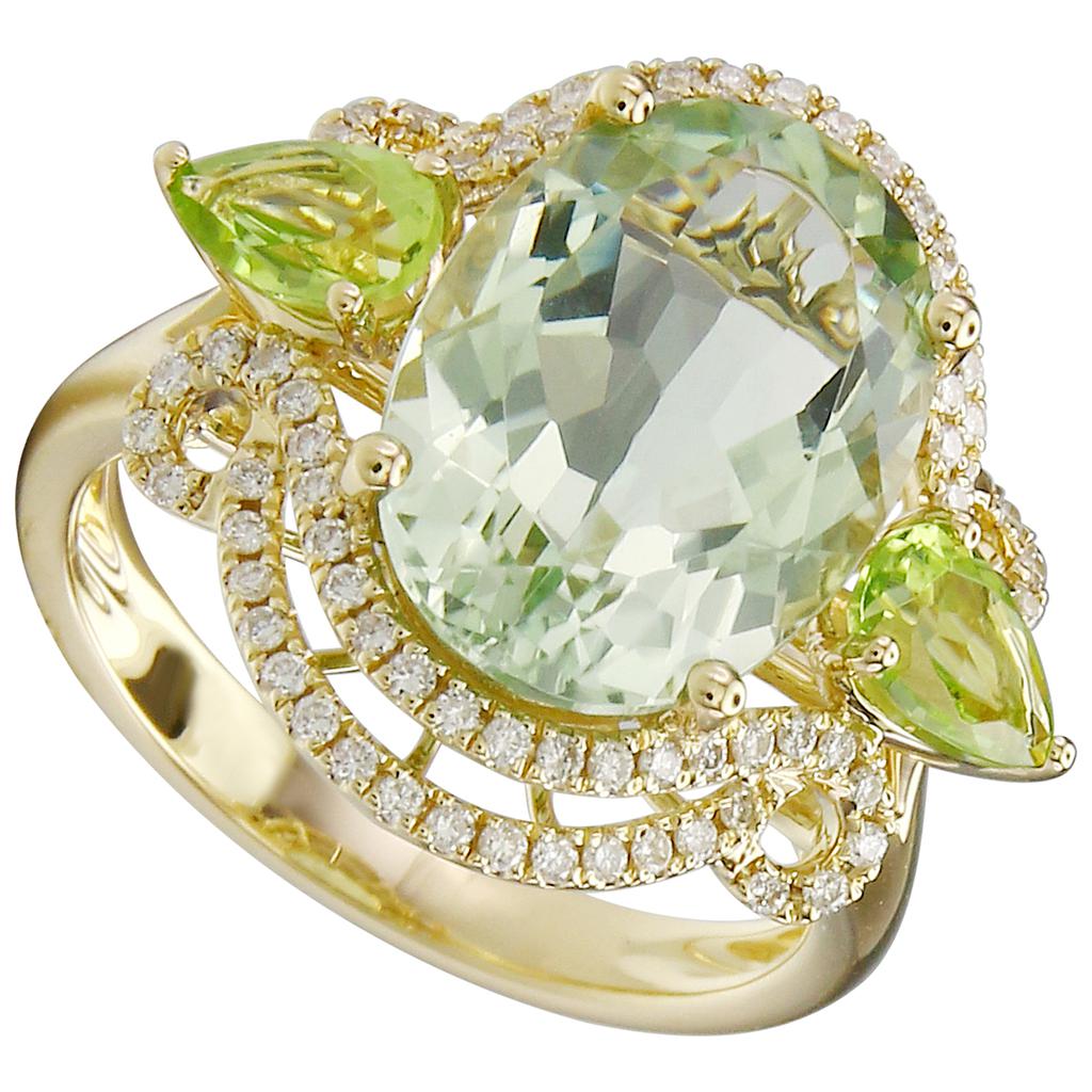14k Yellow Gold Diamond Peridot, Green Amethyst Ring