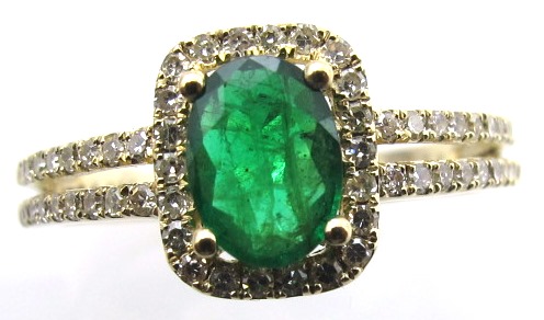 14k Yellow Gold Emerald Ring With Diamond Halo & Split Shank