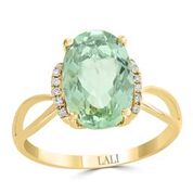 14k Yellow Gold Oval Green Amethyst & 12 Diamond Ring
