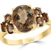 14k Yellow Gold Oval Smokey Quartz W/6 Round Smokey Quartz Ring