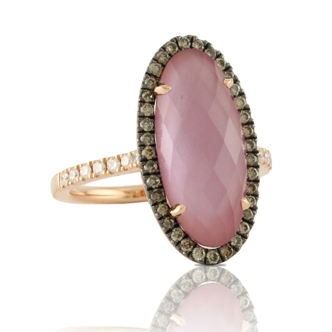 18k Diamond Ring With Brown & White With Amethyst Over Pink Mother Of Pearl