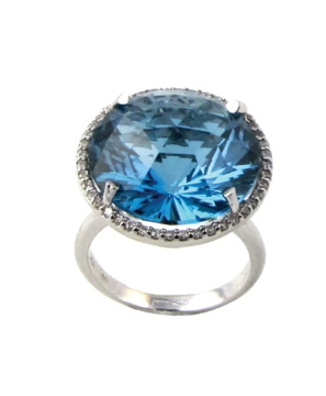 18k White Gold 17m Round Blue Topaz Ring W/.30cts Diamonds