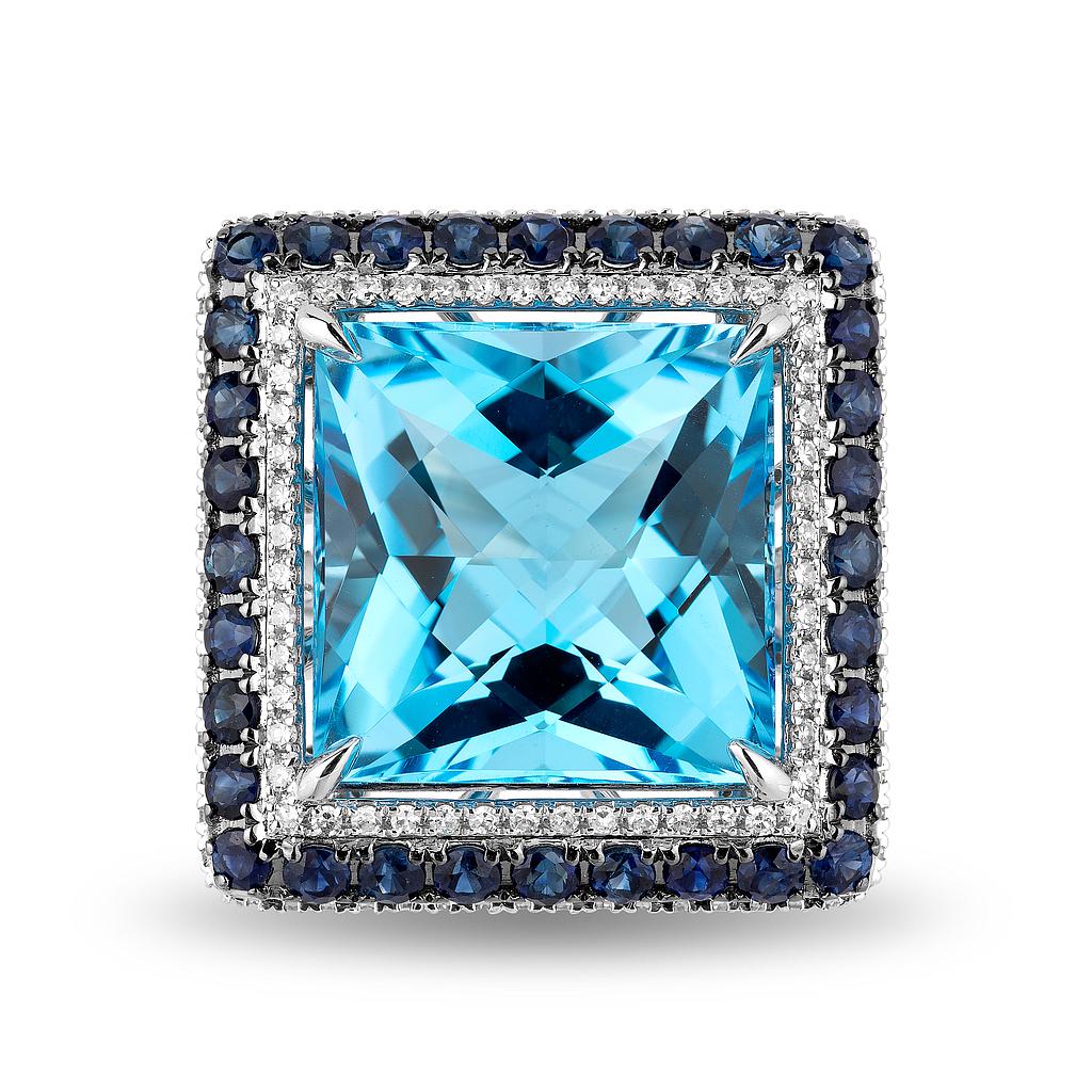 18k White Gold Diamond Sapphire, Swiss Blue Topaz Ring