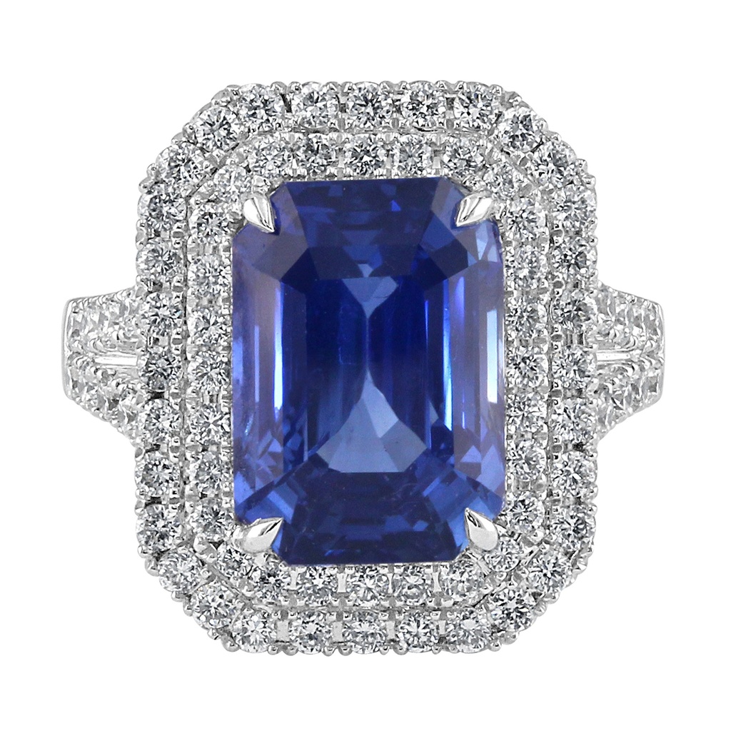 18k White Gold Sapphire & Double Halo Ring