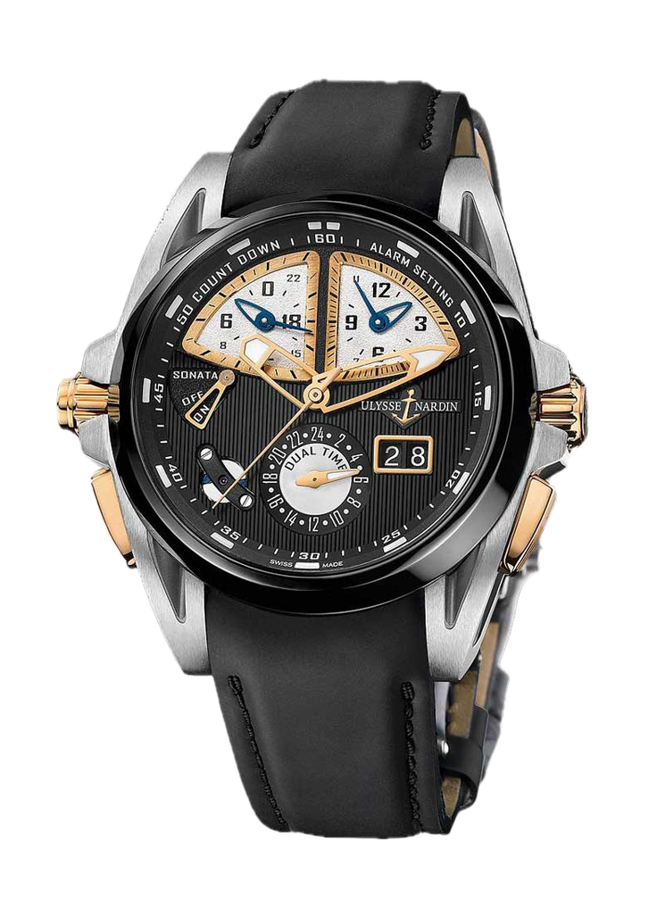 Ulysse Nardin Sonata 18k Titanium, Ceramic, Streamline Auto W/Alarm & Count Down Big Date, Black Strap, 44m