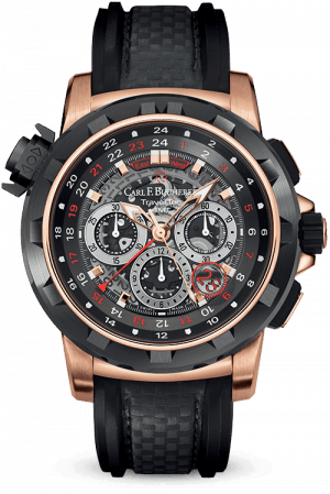 Carl F. Bucherer 18k Rose Gold Patravi Traveltec Four-X W/Skeleton Dial On Black Rubber Strap