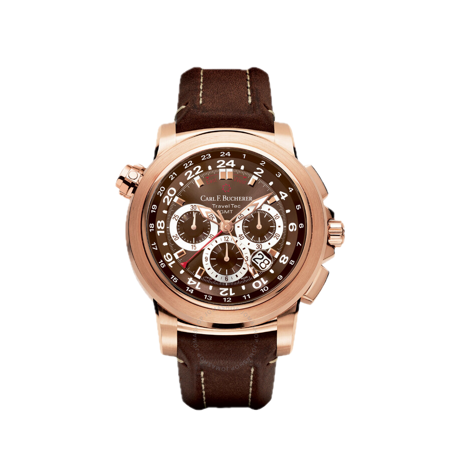 Carl F. Bucherer 18k Rose Gold Patravi Traveltec On Brown Leather Strap, Brown Dial. 46.6m