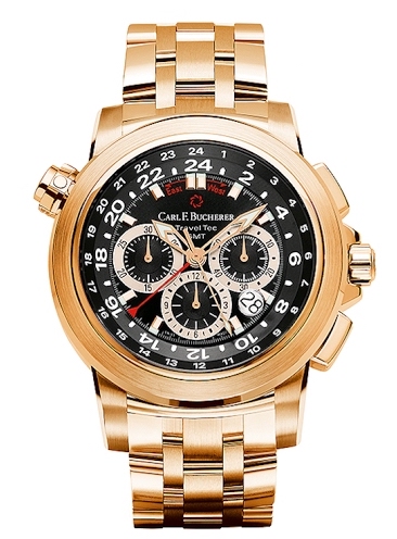 Carl F. Bucherer 18k Rose Gold Patravi Traveltec W/Black Dial On Bracelet