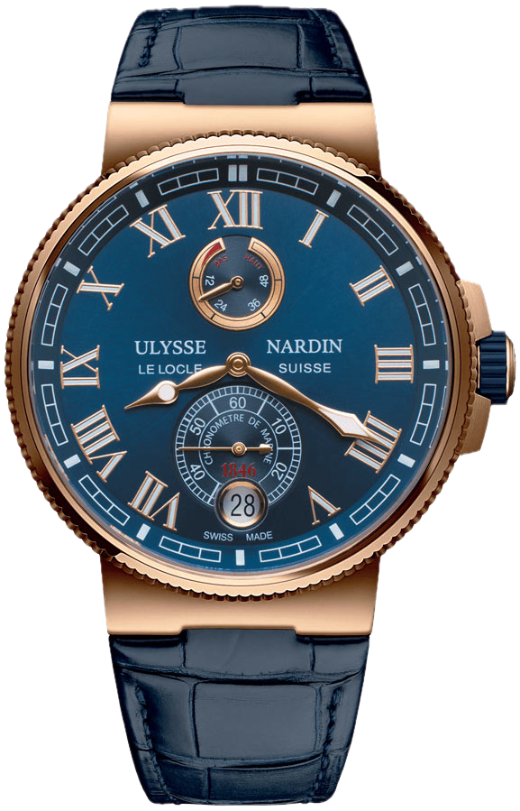 Ulysse Nardin 18k Rose Gold Marine Chronometer 43m W/Power Reserve. Blue Dial & Blue Gtr Strap