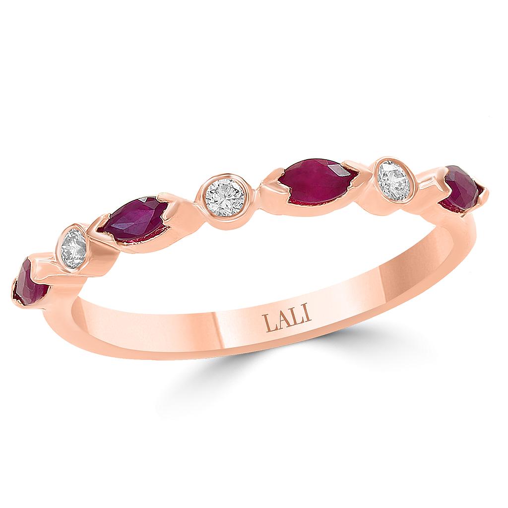 14k Rose Gold 4 Marquise Ruby & 3 Round Diamond Band