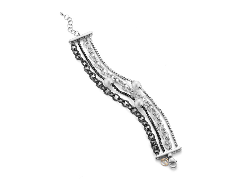 Black PVD & Steel 4 Row 3 Pearl W/Chain Wide Bracelet