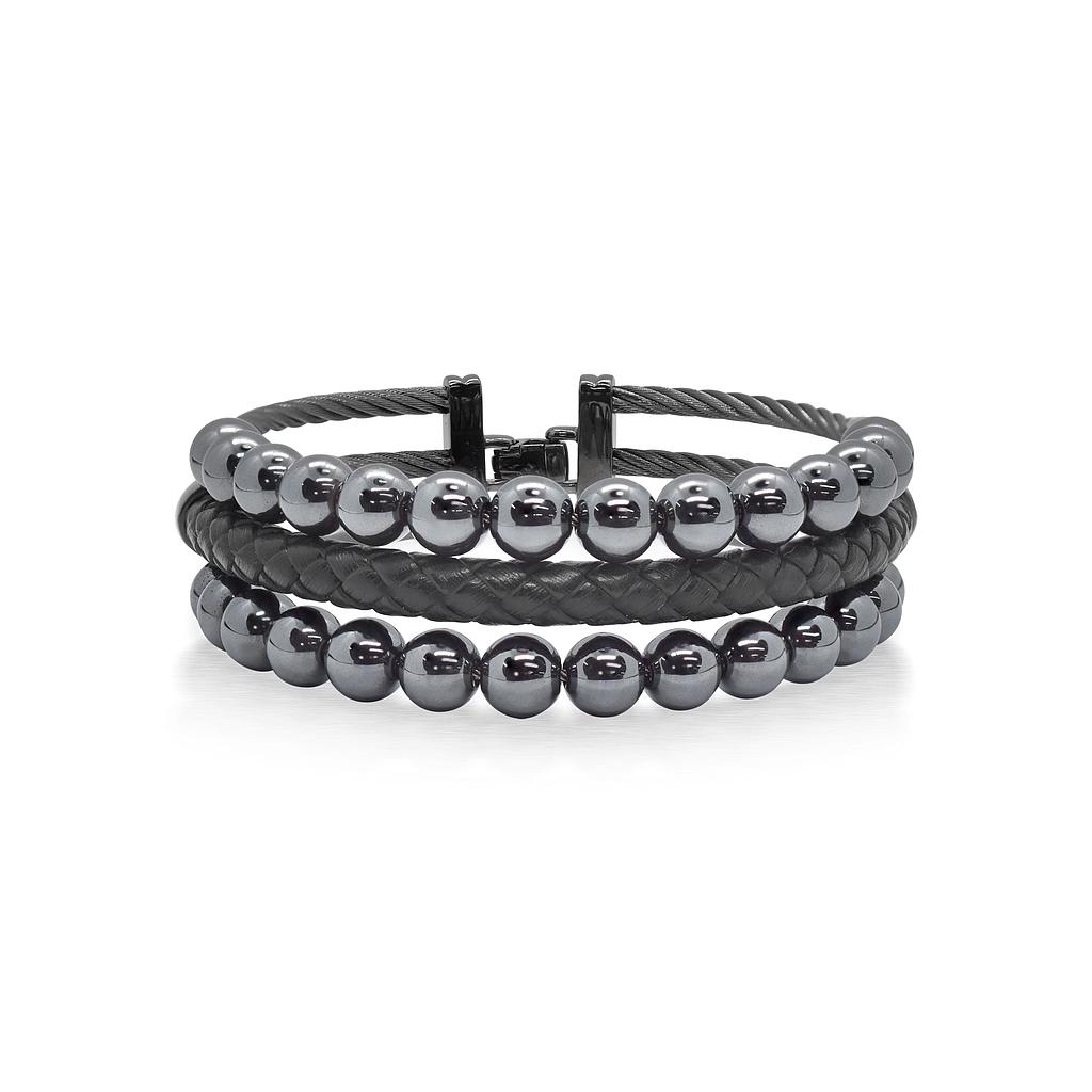 Grey Cable Bracelet With Black Leather & Hematite