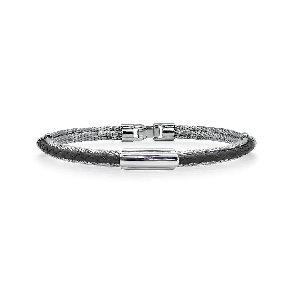 Grey Cable & Black Leather Bracelet With Slim Steel Station