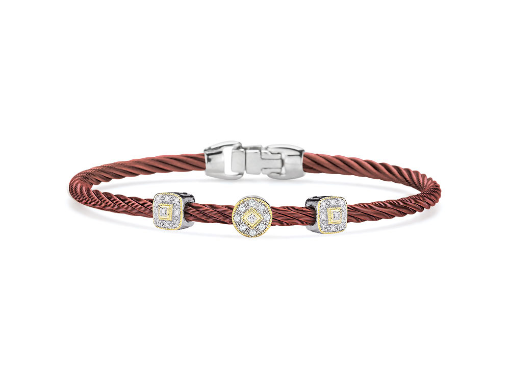 Burgundy Cable Essential Stackable Bracelet With Multiple Diamond Station Set In 18k White & Yellow Gold