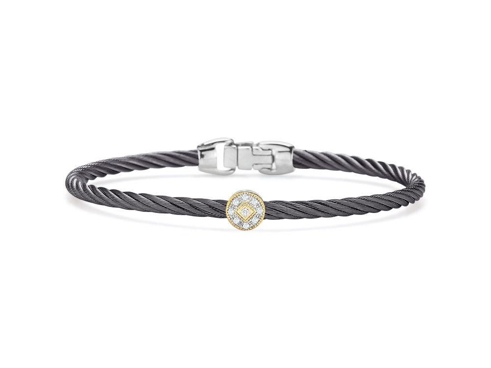 Steel Grey Cable Essential Stackable Bracelet With Single Round Diamond Station Set In 18k Yellow Gold